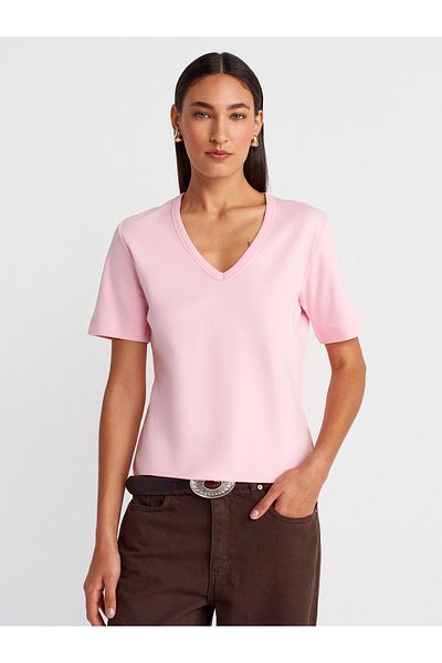 Dilvin 31840 V-Neck Short Sleeve T-Shirt-Powder Pink