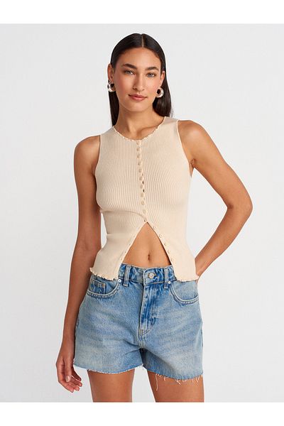 Dilvin 60972 Ribbed Buttoned Thin Knitwear Vest-Beige