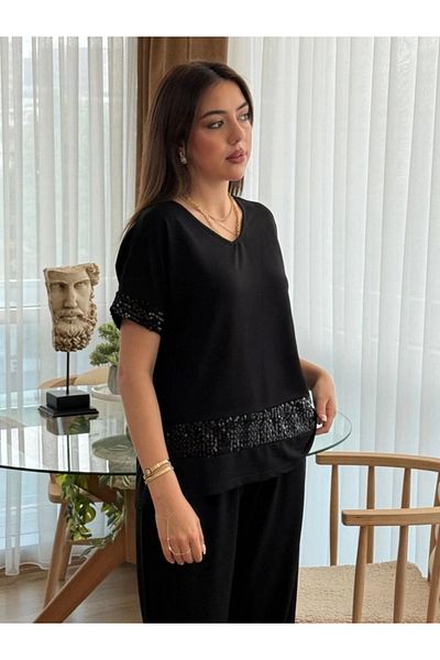 nedo7 Women's Short Sleeve V-Neck Sequined Viscose Two Thread Blouse and Pants Set