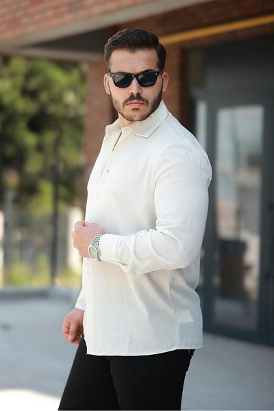 Miron Ecru Plain Long Sleeve Regular Fit Shirt - 2526