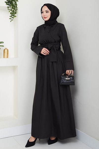 InStyle Asymmetric Button Detailed Black Dress