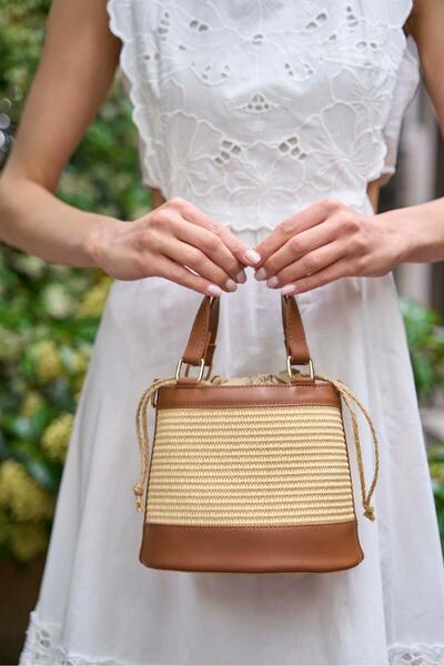 Madamra Tan Straw Knitted Bucket Bag – Bohemian Style Knitted Women's Hand & Shoulder Bag Summer–Casual