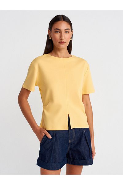 Dilvin 31874 T-Shirt with Slit Detail-Yellow
