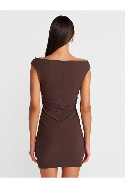 Dilvin 91462 Bardot Mini Dress-Brown