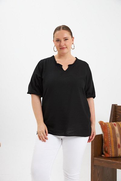 RMG Flounced V-Neck Short Sleeve Women's Blouse Black
