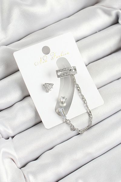 norsary Brass Triangle Figured Zircon Stone Silver Color 3-Piece Cartilage Women's Earring Set