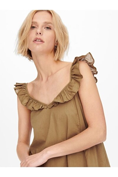 ONLY Allie Strap Above Loose Cotton Dress with Ruffles at the Neckline, Brown, S