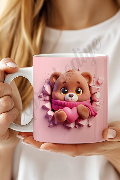 expreshediye Sevgiliye Hediye 3D Ayı Bardak, Ayıcıklı Kalpli 3D Kupa Bardak