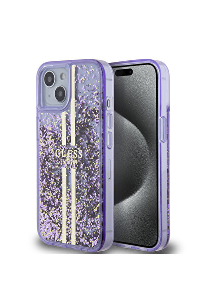 Guess Apple iPhone 14 Kılıf Guess Lisanslı Transparan Sıvılı Simli Altın Çizg...
