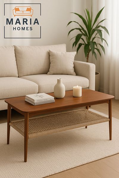 MARIA HOMES Modern Rectangular Center Table with Wooden Top and Woven Storage Shelf – Walnut Finish