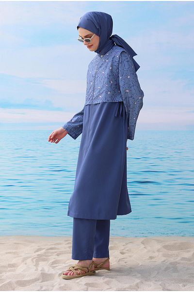 HEQA بدلة سباحة منقوشة من الدنيم باللون الأزرق