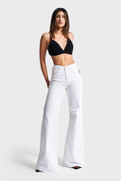 its basic Women's White Color 5S5-2 Flare Fit Wide Leg 100% Cotton No Show Denim Jean
