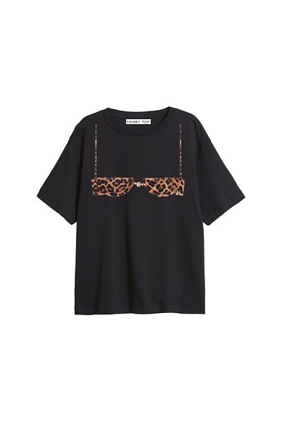 Bak Moda Tricou negru pentru femei cu imprimeu leopard cu bikini minuscul