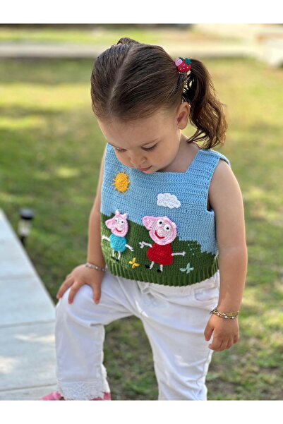 ORGANICMIRA Peppa Pig Tasarımlı Çocuk Bluz Bebek Üst Örgü Yazlık Body Crop