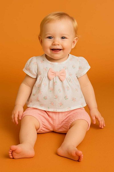Midani Store 2 Piece Summer Baby Girl Set – Floral Blouse and Shorts with Bow – 6-18 Months