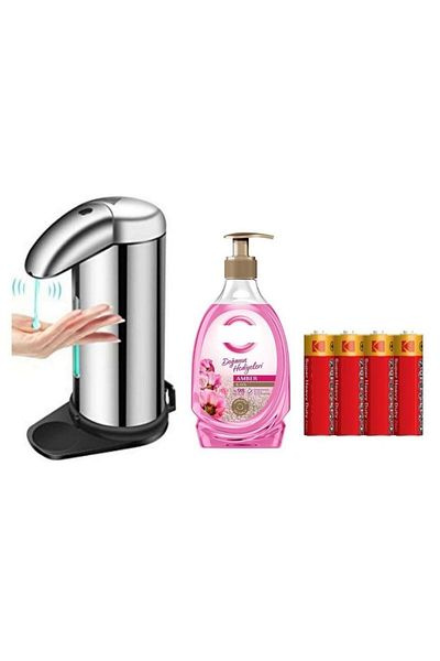 Bosphorus Sensor Photocell Liquid Soap Dispenser, Batteries Included 14X10X22Cm and One 392 ml Liquid Soap Amber and Rose