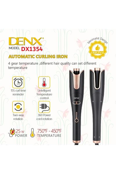 Denx مكواة تجعيد الشعر السيراميكية الأوتوماتيكية DX1354 للشعر المجعد مع دوران تلقائي 360 درجة