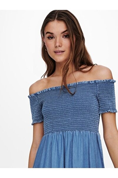 ONLY Cora Life short off-the-shoulder dress in thin denim, Blue, S