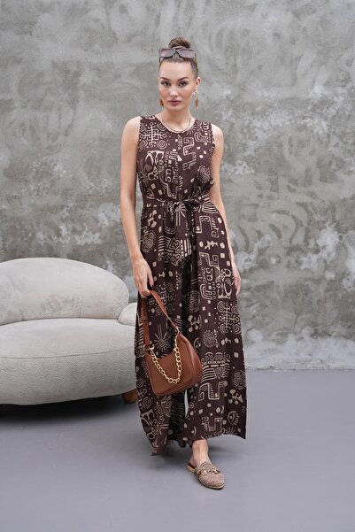 ŞİMAL Kadın Desenli Kolsuz Kuşaklı Tulum 250587 -