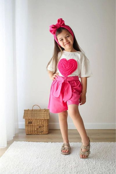 Kidmark Çocuk Modası Girl's Heart Detailed Pink Shorts Set