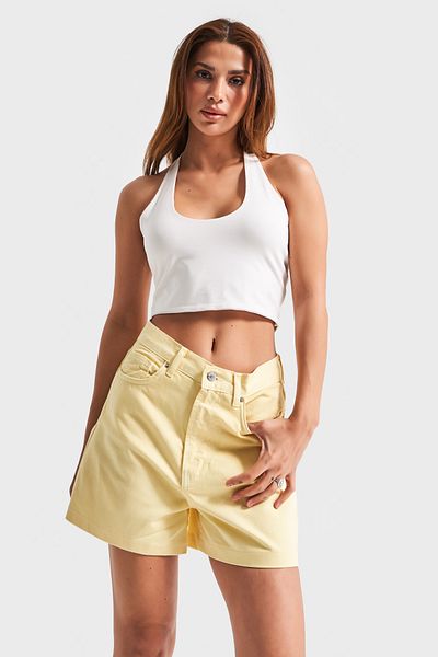 its basic Women's Yellow Color 6S5-108 Mom Fit Relaxed Cut Midi Length 100% Cotton Denim Shorts
