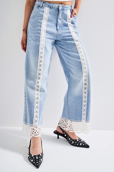 its basic Blugi de damă Culoare 4s5-3 Straight Crop Fit Dantela Detaliată Design special Blugi din denim