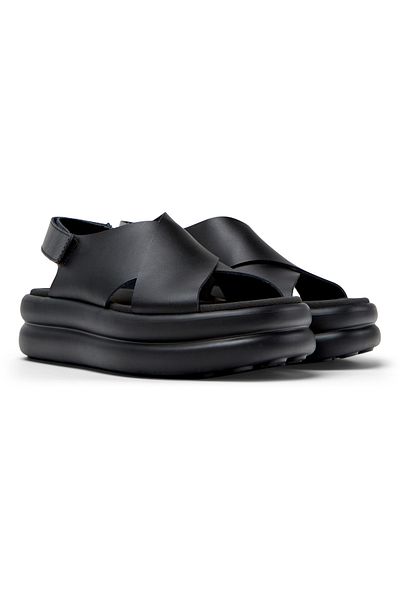 CAMPER Women's Black Genuine Leather Cross-Band Hook And Loop Sandals with Soft Sole PelotasFlotaUp