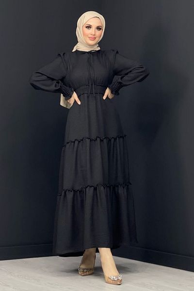 Tesettür Diyarı Women's Waist Gathered Dress - Black