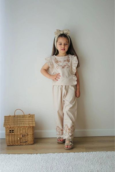 Kidmark Çocuk Modası Girl's Embroidered Cream Wide Leg Suit