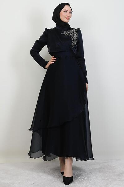 giz astore Taşlı Organze Abiye Koyu Lacivert