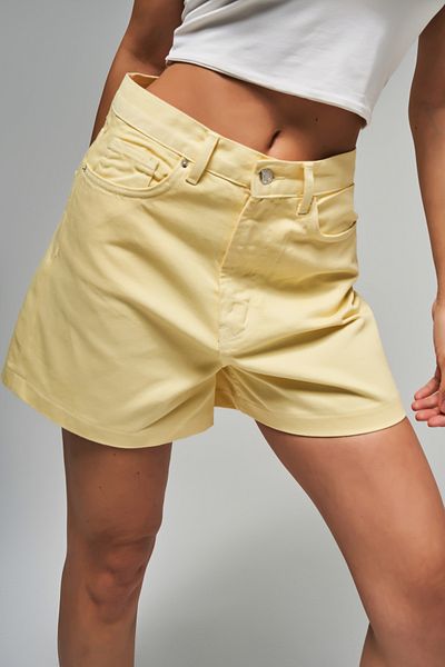 its basic Women's Yellow Color 6S5-108 Mom Fit Relaxed Cut Midi Length 100% Cotton Denim Shorts