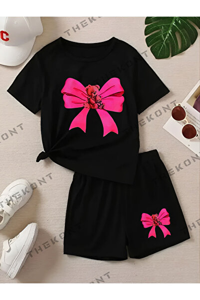 LAYORA تي شيرت مطبوع عليه شريط وردي - شورت سفلي - بدلة علوية