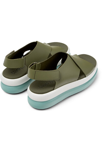 CAMPER Women’s Green Genuine Leather Sandals with Hook And Loop Straps and High Soles PelotasFlotaUp