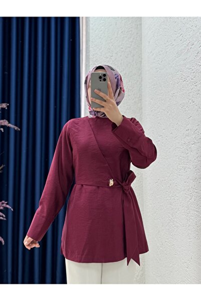 MİHRA STORE بلوزة سانيل برباط أمامي-BN4442 أحمر كلاريت