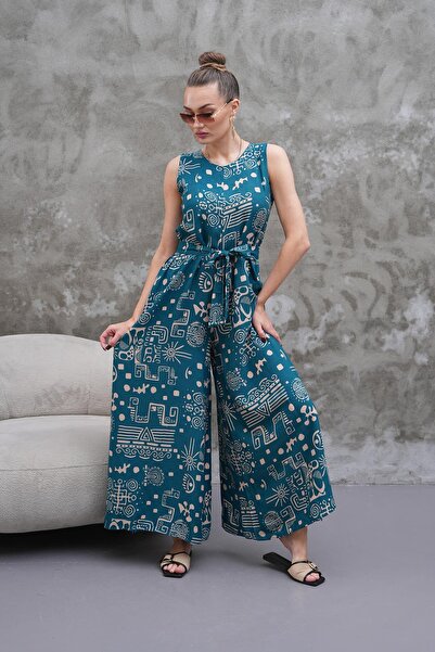 ŞİMAL Women's Patterned Sleeveless Belted Jumpsuit 250587 -