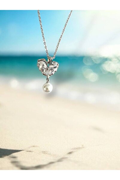 Herşey Nota قلادة نسائية من حجر الزركون واللؤلؤ على شكل قلب – 55 سم ستانلس ست...