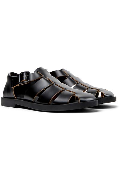 CAMPER Men's Black Adjustable Sandals with Hook And Loop Strap, Soft Sole, Genuine Leather Don