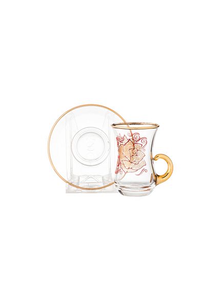Dania Turkish crystal tea set with gold line and red rose decoration, elegant, consisting of 6 cups and 6 saucers