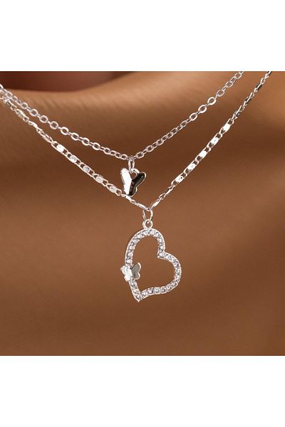 HOBİSY GIFT SHOP Double Layer Silver Color Steel Necklace with Heart and Butterfly Figures – Elegant Design with Zircon Stone