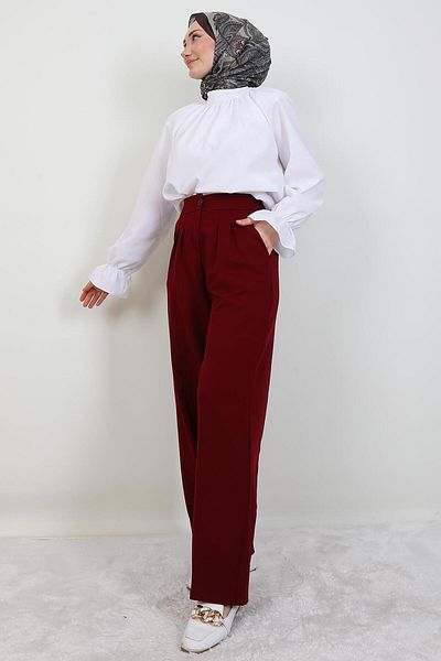 giz astore Elastic Waist Buttoned Trousers Claret Red