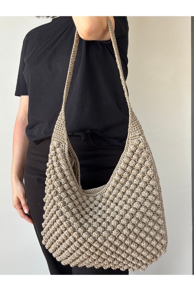 MSM M'sm Popkorn Hobo Çanta,Polisyerter Makrume Çanta,Hediy, Kağıt İpten Çanta, Omuz Çantası,Örgü Çanta