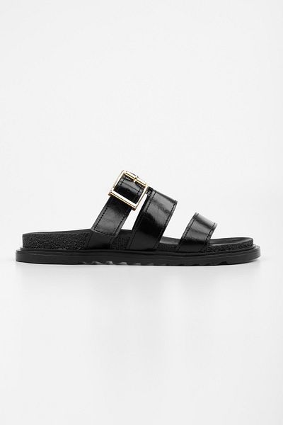 Shoeberry Women's Loine Black Skin Thick Belted Slippers