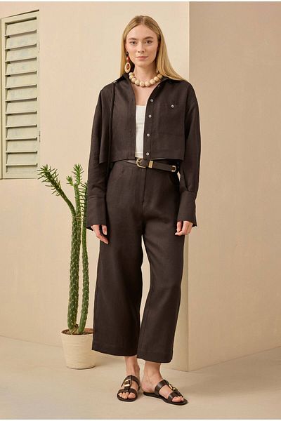 HEQA Linen Crop Shirt Bitter Brown