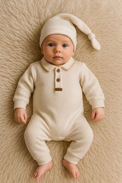 Babydonat Waffle patterned collared baby boy jumpsuit % 100 cotton