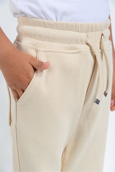 KİDSPİTİRCİK Beige Jogger Pants Lakos Fabric with Side Pockets - Elastic Waist - Lace up