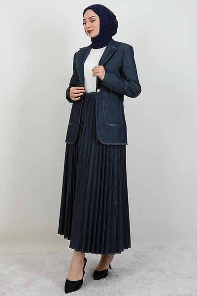 giz astore Pleated Skirt Denim Suit Blue