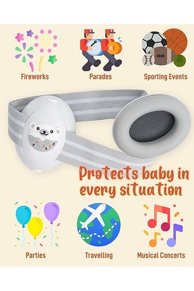 WePro Store 2-in-1 Baby Ear Muffs 3–48M – 25dB Noise Canceling, Soft & Classic Band, White Bear Design