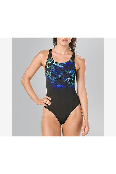 SPEEDO Women Placement Recordbreaker Swimsuit, Black and Blue