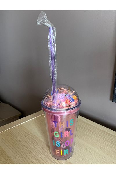 Area Online Pink Water Bottle with Straw, Frosted Glass Appearance, 450 ml Double Layer Mica