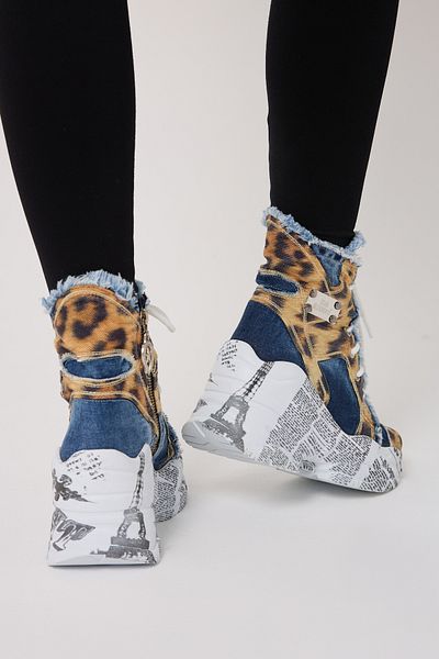 StarBlueMooN Women's Denim Boots Leopard Patterned Summer